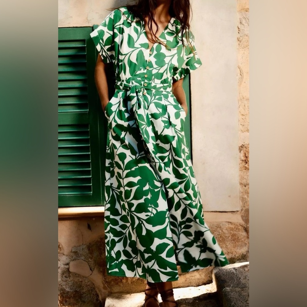 ZARA Floral Printed Midi Dress  Belted Maxi Sundress, White And Green XS